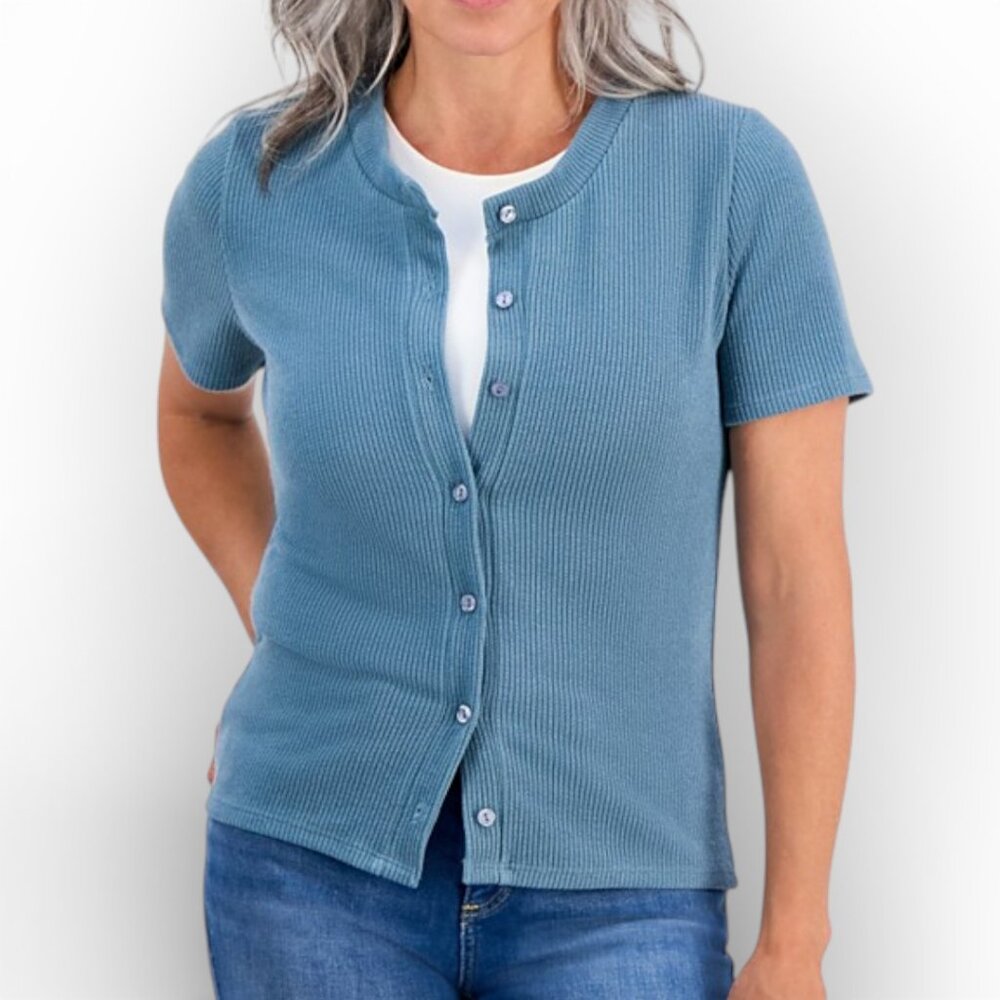 Style & Co Petite S Denim Blue Short Sleeve Crewneck Cardigan NEW